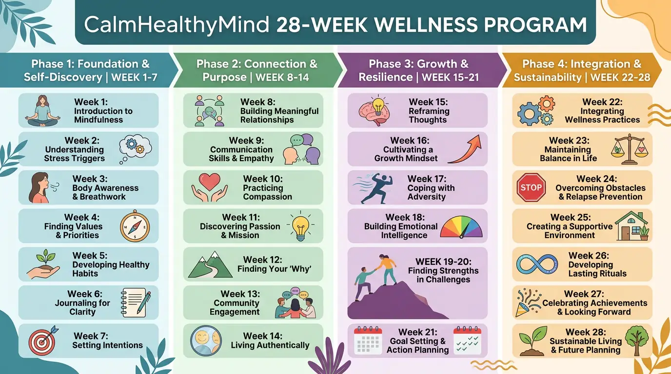 Complete 28-week happiness journey roadmap - visual guide showing all 4 phases of mental wellness transformation